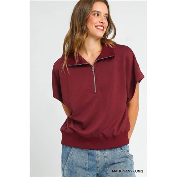 ✨NWT Umgee Full Size Half-Zip Short Sleeve Top Plus Size - Picture 1 of 4